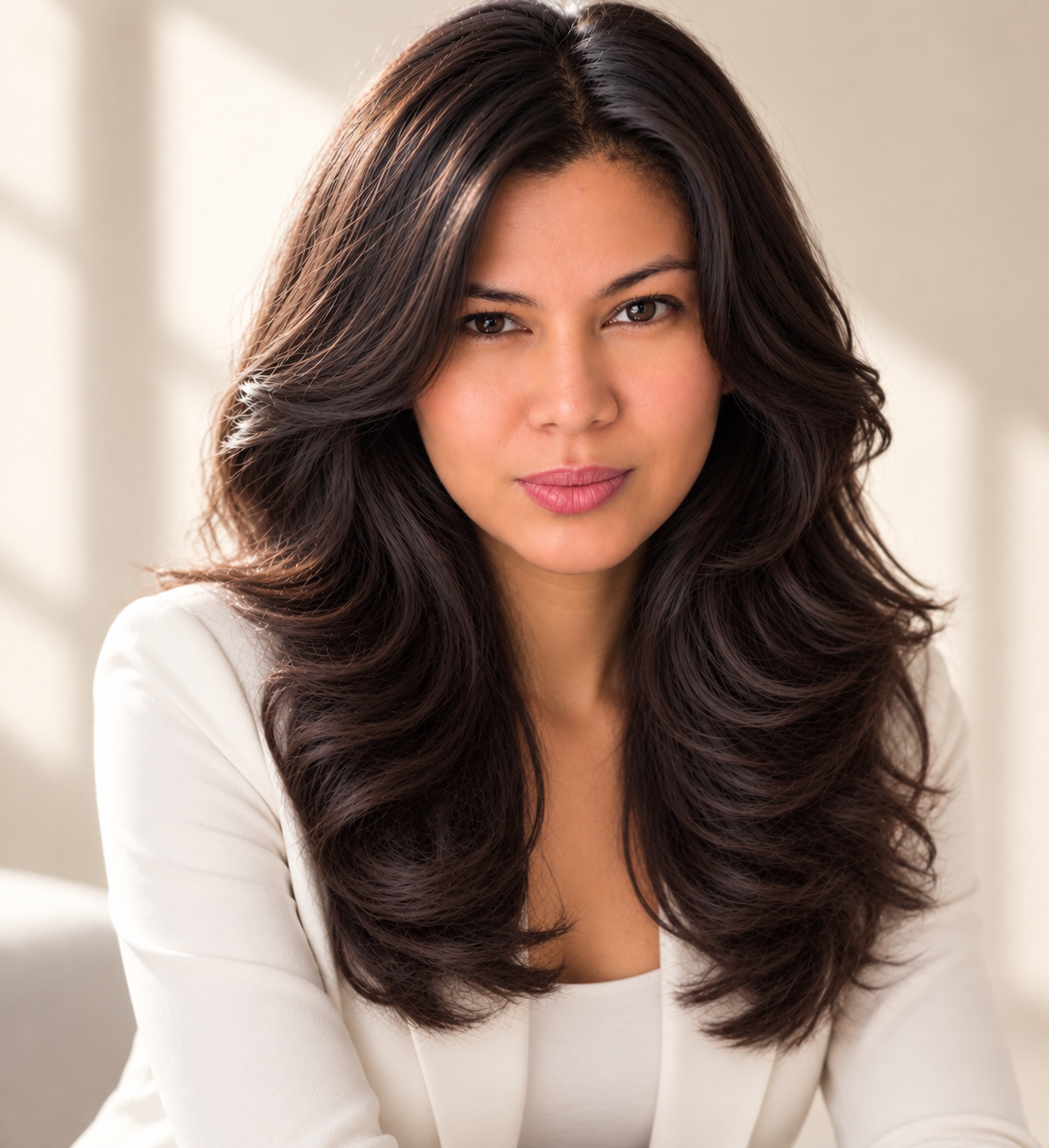 Kristine Lazo in a cream blazer
